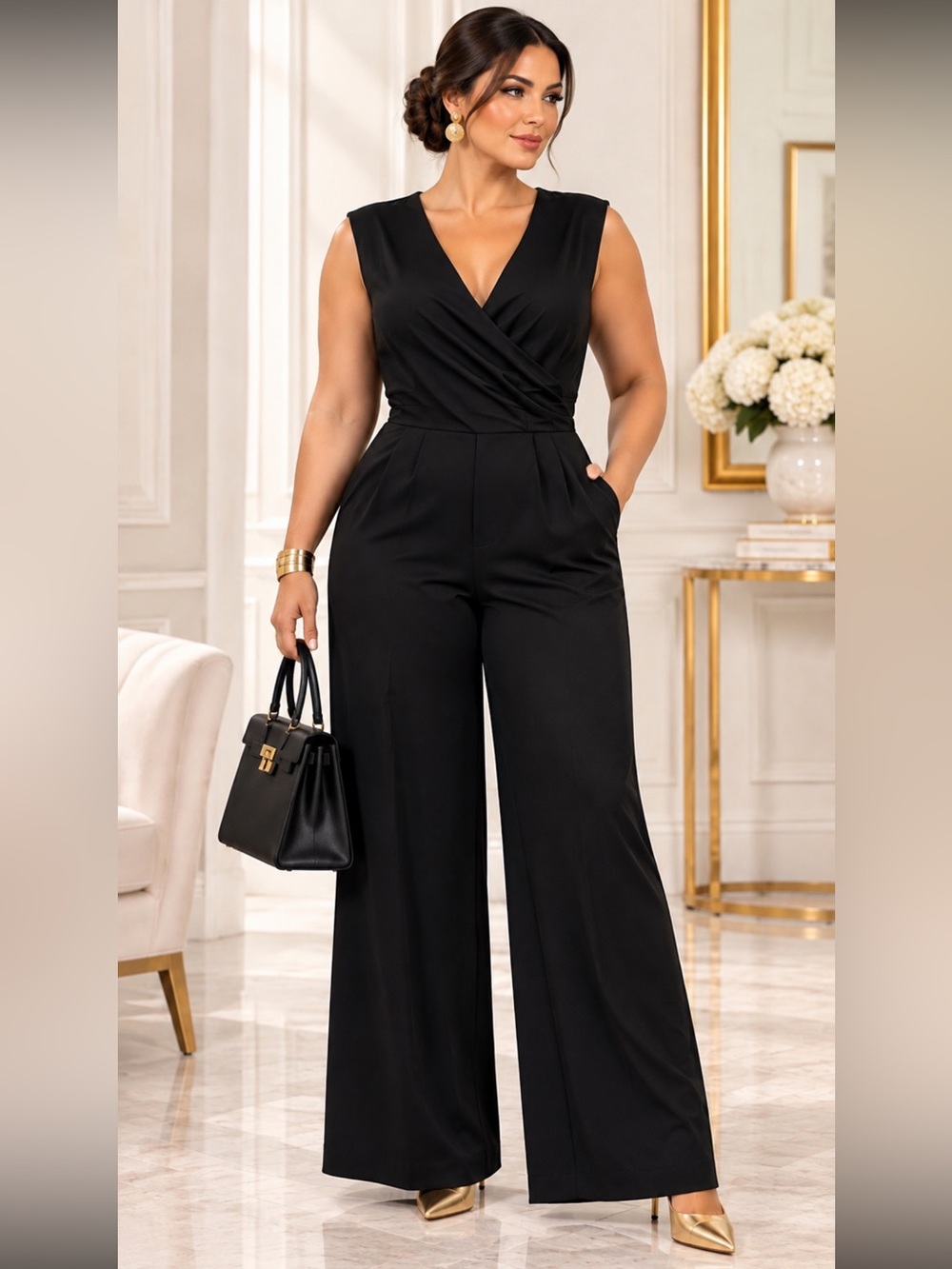 Calvin Klein Black Wide-Leg Jumpsuit Size 12 – Sleeveless V-Neck Elegant One-Pie